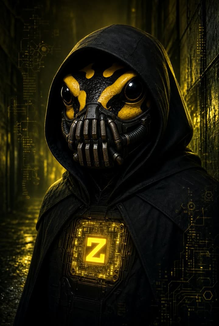 The ZFROG mascot: a black and yellow frog in a dark hood wearing a metal respirator, a glowing Z chip on its chest